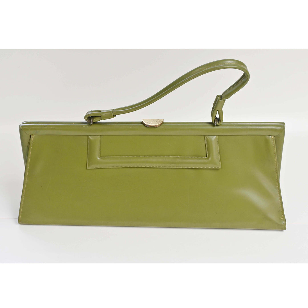 Vintage 1950's Khaki Green Elongated Vinyl Purse
