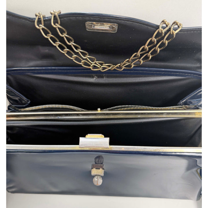 Navy High Gloss Chain Purse - 1960's
