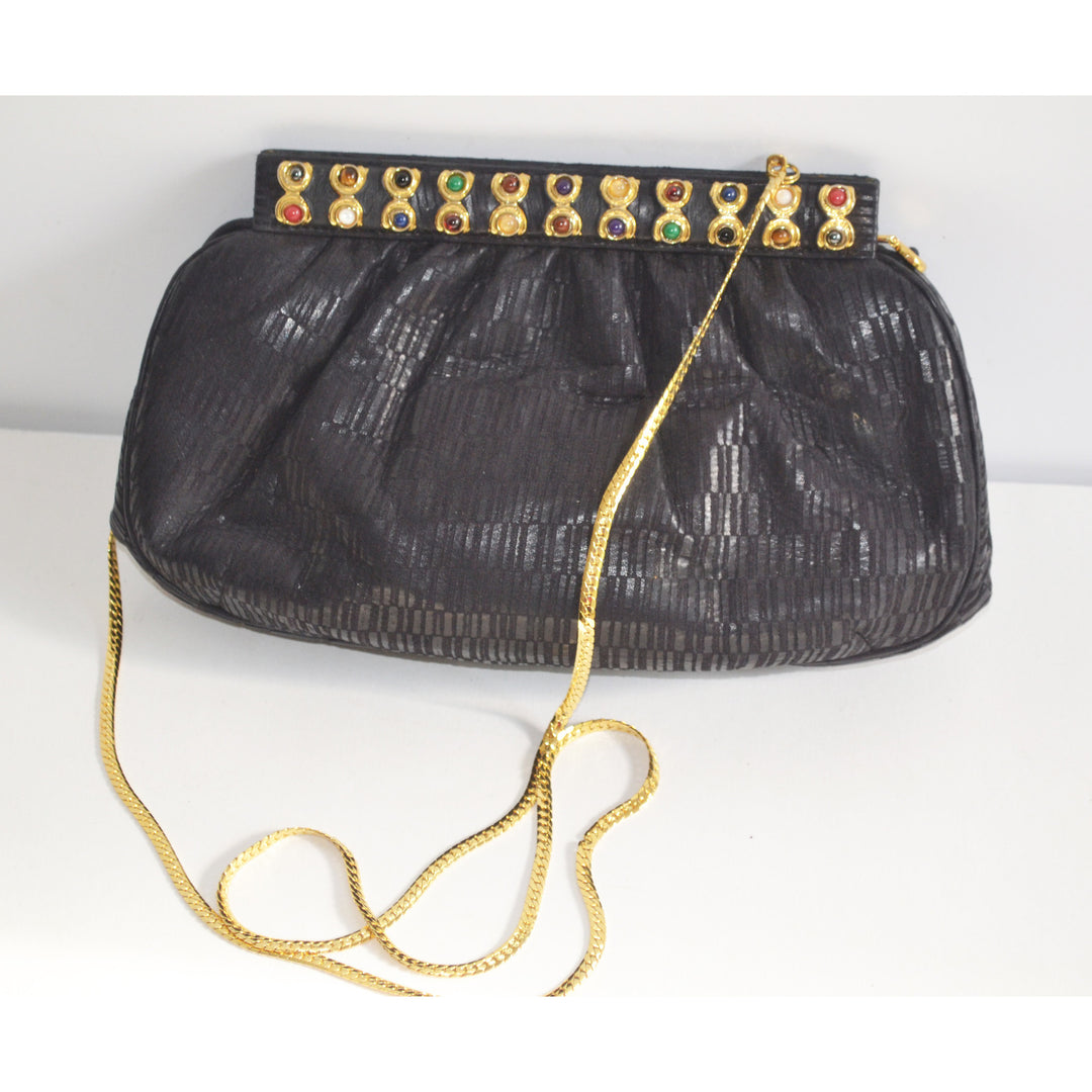 Vintage Black Leather Jeweled Clutch Purse By Ashneil