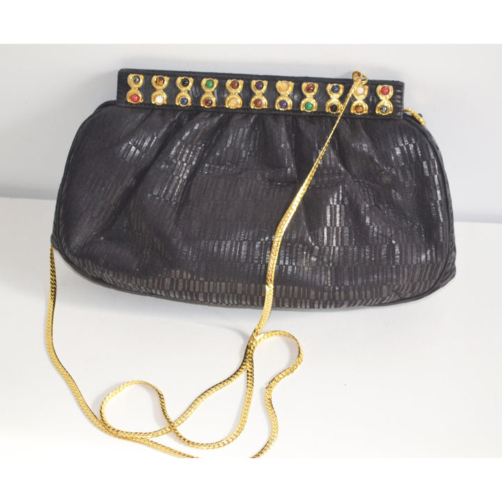 Vintage Black Leather Jeweled Clutch Purse By Ashneil