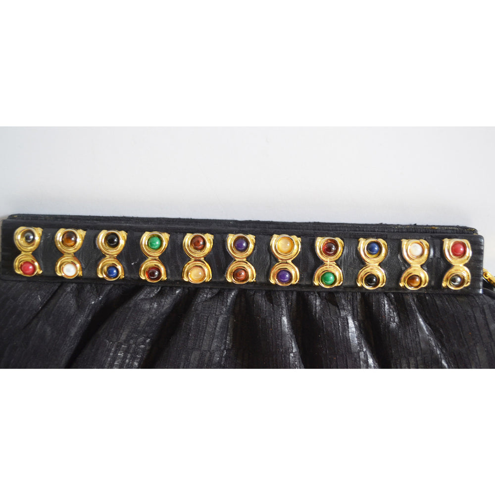 Vintage Black Leather Jeweled Clutch Purse By Ashneil