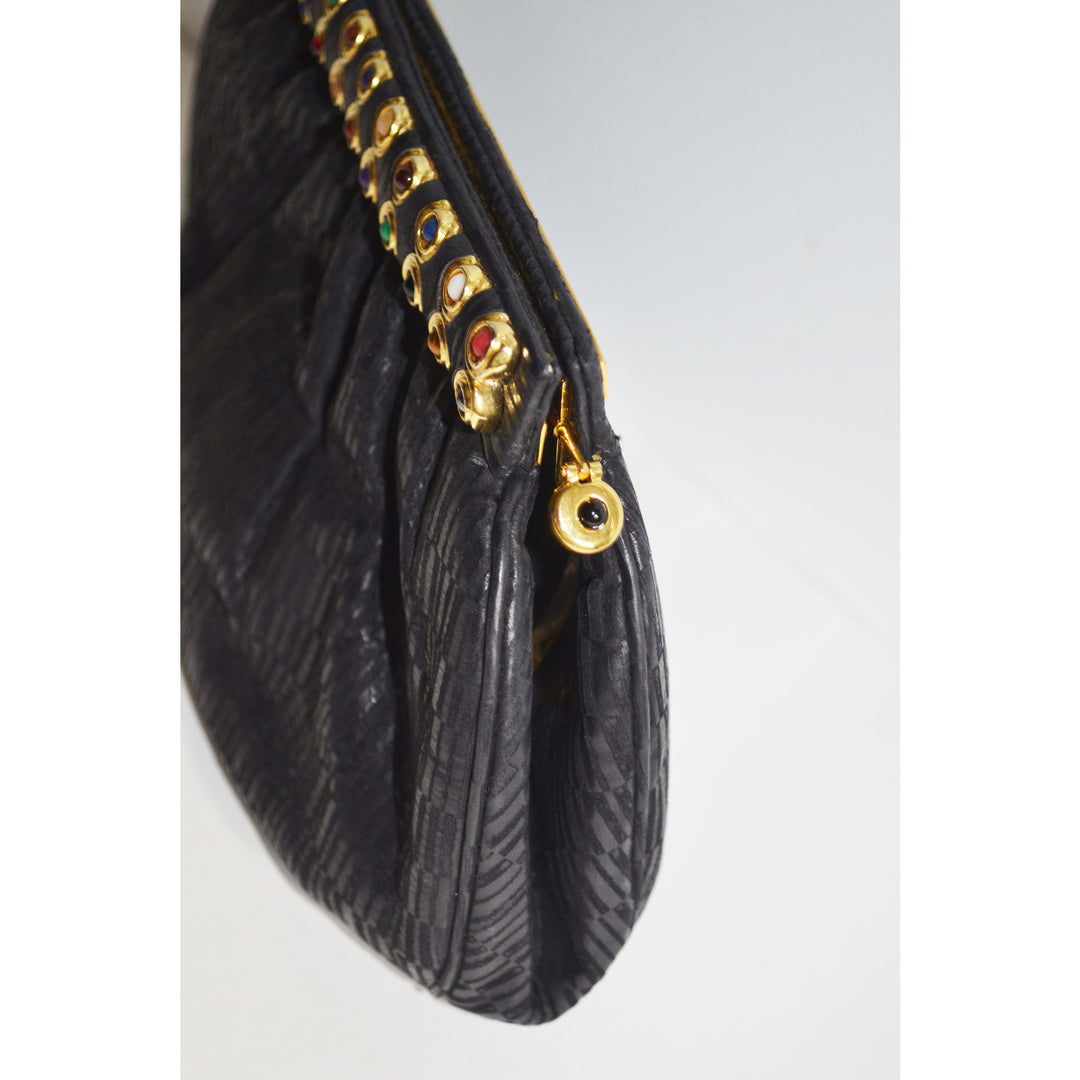 Vintage Black Leather Jeweled Clutch Purse By Ashneil