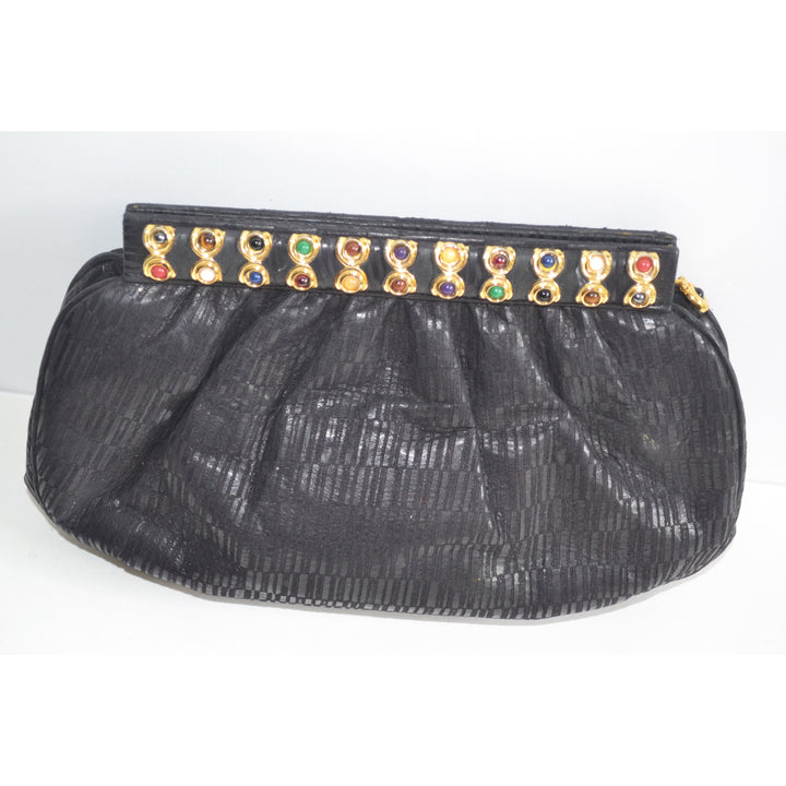 Vintage Black Leather Jeweled Clutch Purse By Ashneil