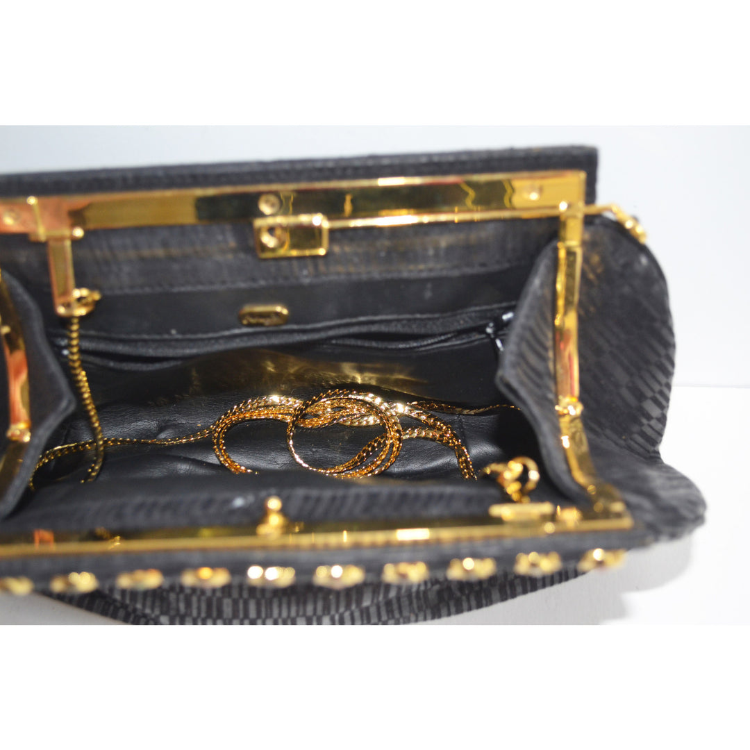 Vintage Black Leather Jeweled Clutch Purse By Ashneil