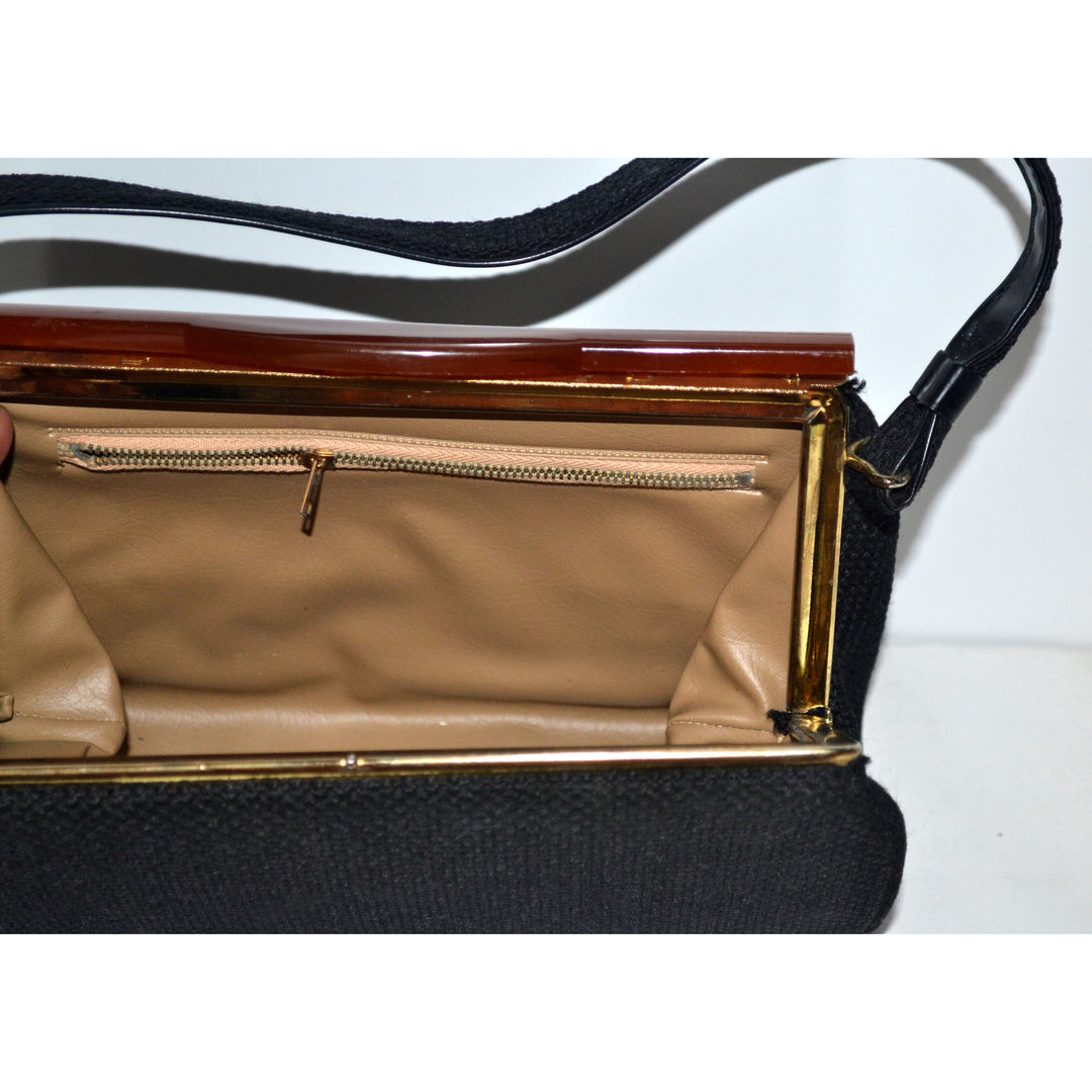 Vintage Bakelite Trimmed Black Burlap Purse