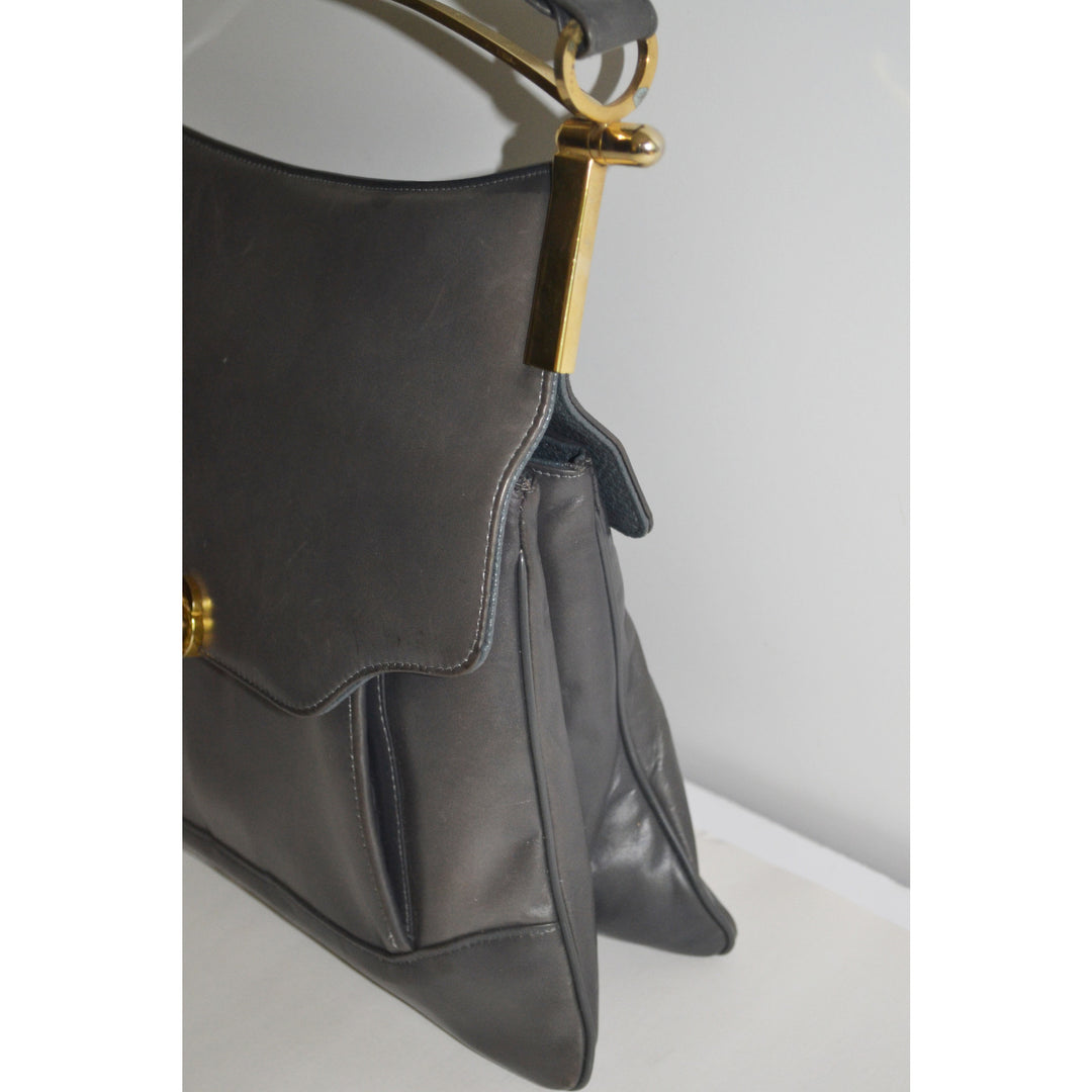 Vintage Grey Leather Pouch Structured Handbag