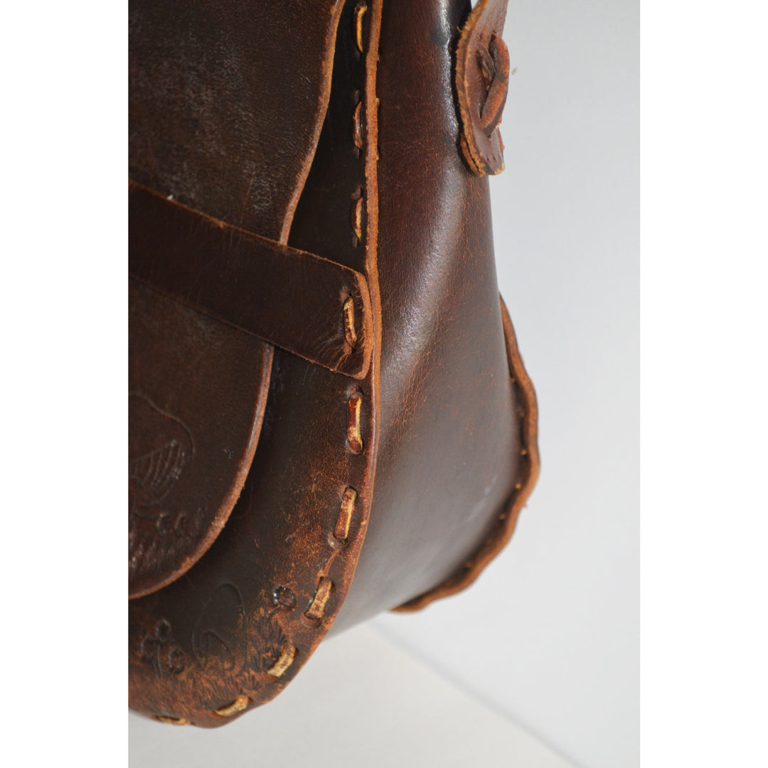 Vintage Brown Tooled Leather Mushroom Hippy Purse