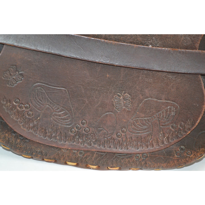 Vintage Brown Tooled Leather Mushroom Hippy Purse