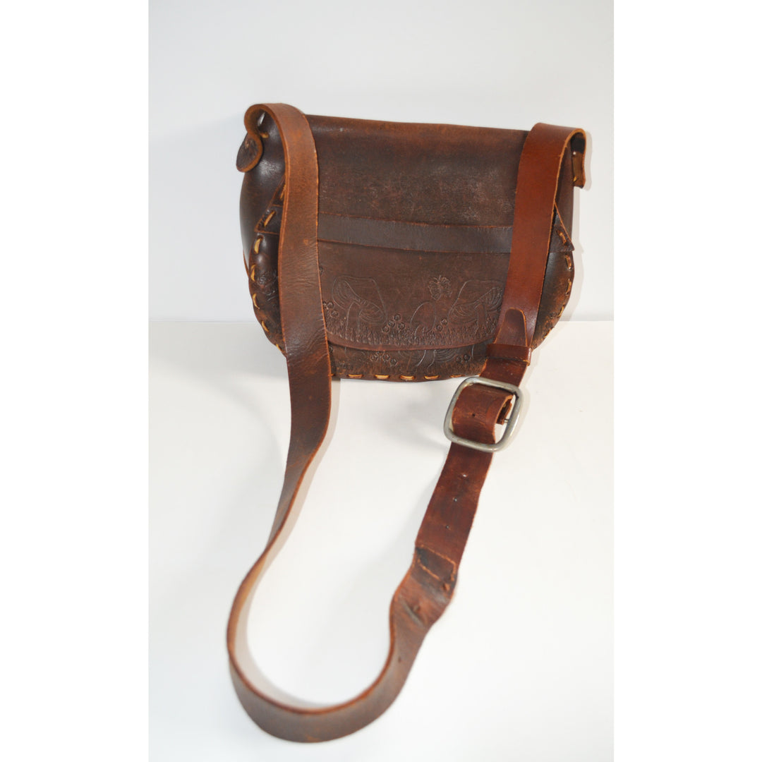 Vintage Brown Tooled Leather Mushroom Hippy Purse
