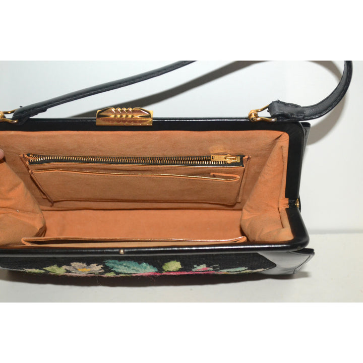 Vintage Black Leather & Needlepoint Purse