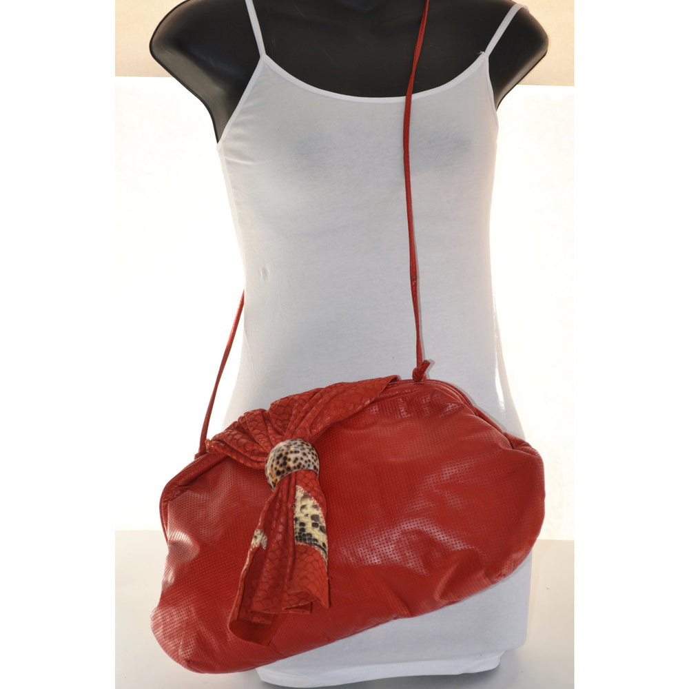 Vintage Red  Textured Leather Purse With Leopard Trim