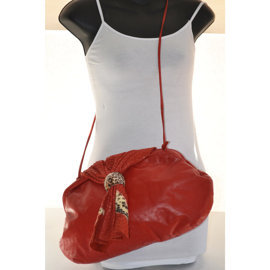 Vintage Red  Textured Leather Purse With Leopard Trim