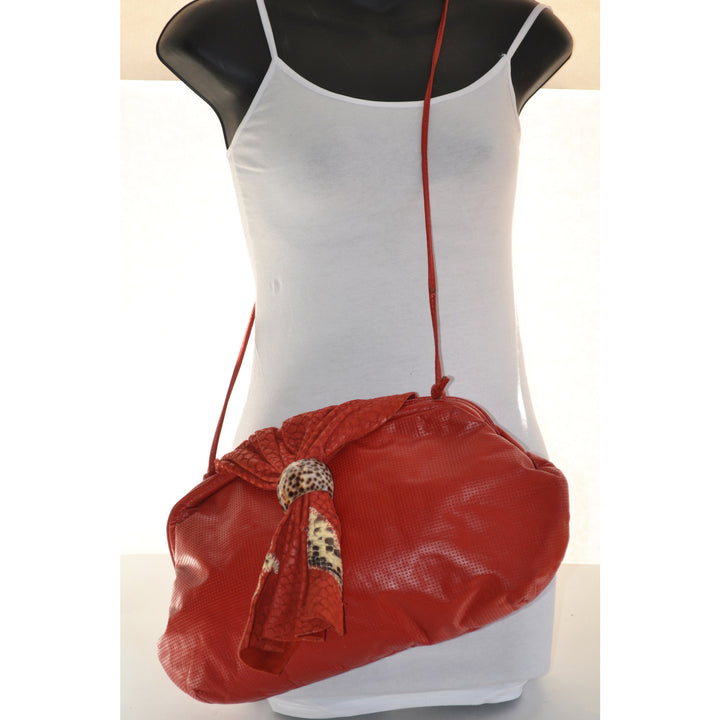 Vintage Red  Textured Leather Purse With Leopard Trim