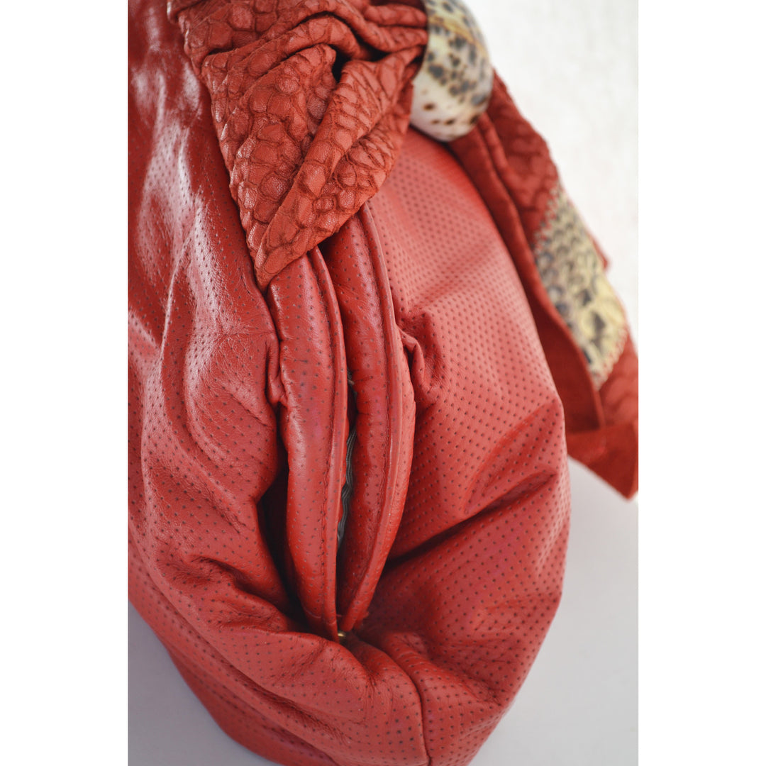 Vintage Red  Textured Leather Purse With Leopard Trim