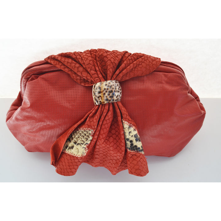 Vintage Red  Textured Leather Purse With Leopard Trim
