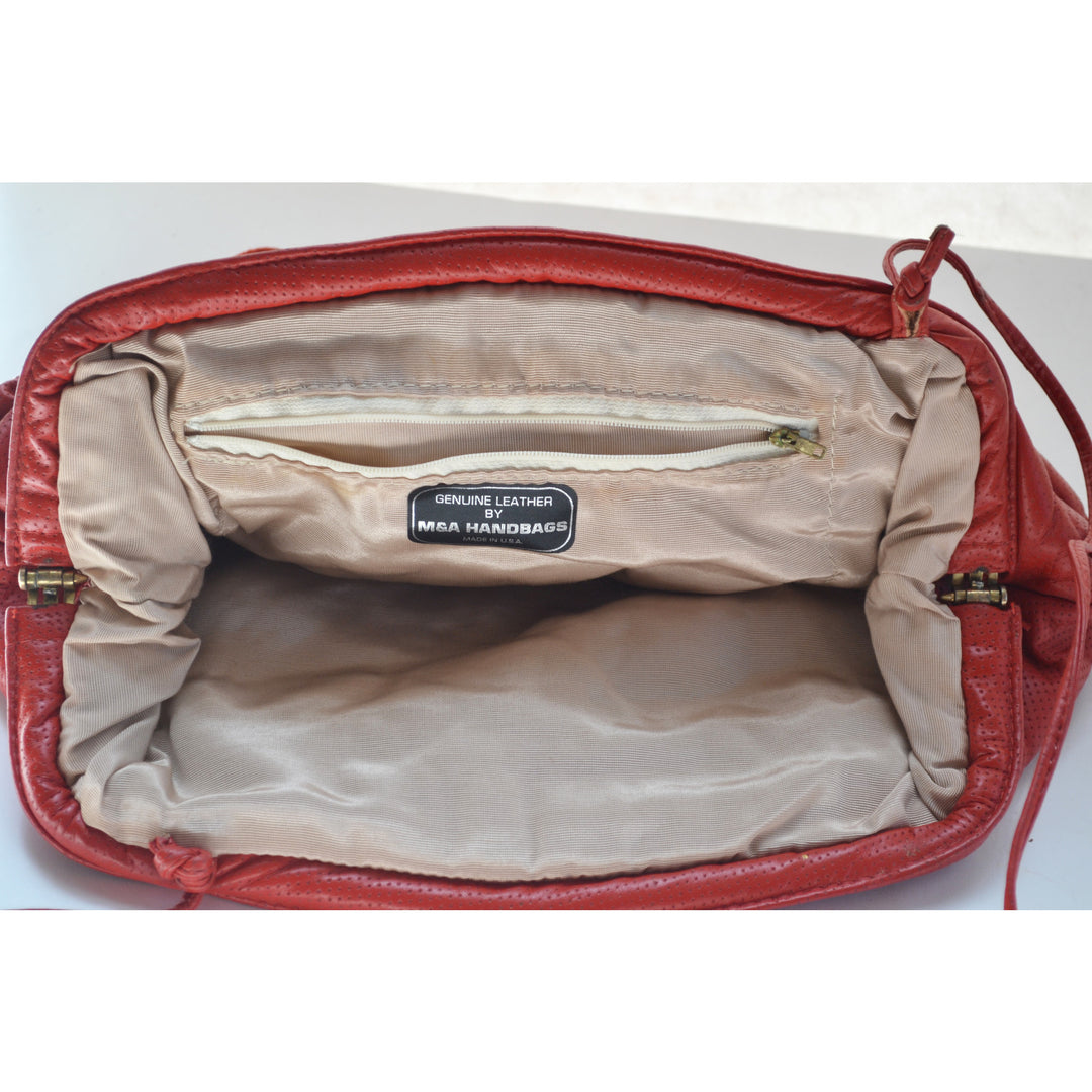 Vintage Red  Textured Leather Purse With Leopard Trim