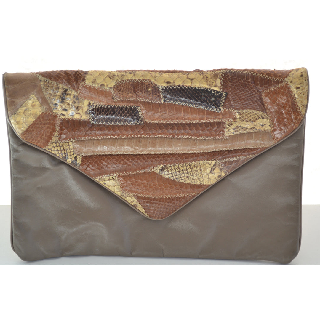 Vintage Brown Patched Reptile Leather Clutch Purse by Hala