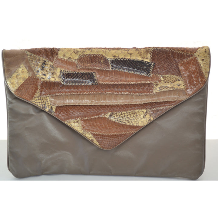 Vintage Brown Patched Reptile Leather Clutch Purse by Hala