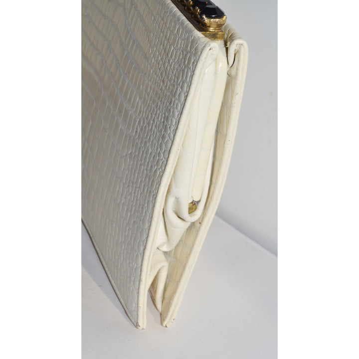 Vintage White Embossed Leather Jeweled Clutch