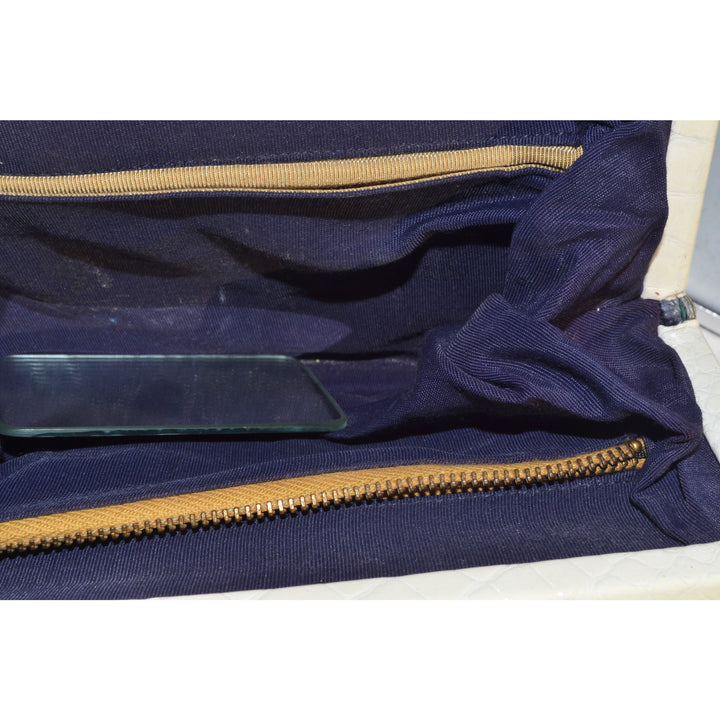 Vintage White Embossed Leather Jeweled Clutch