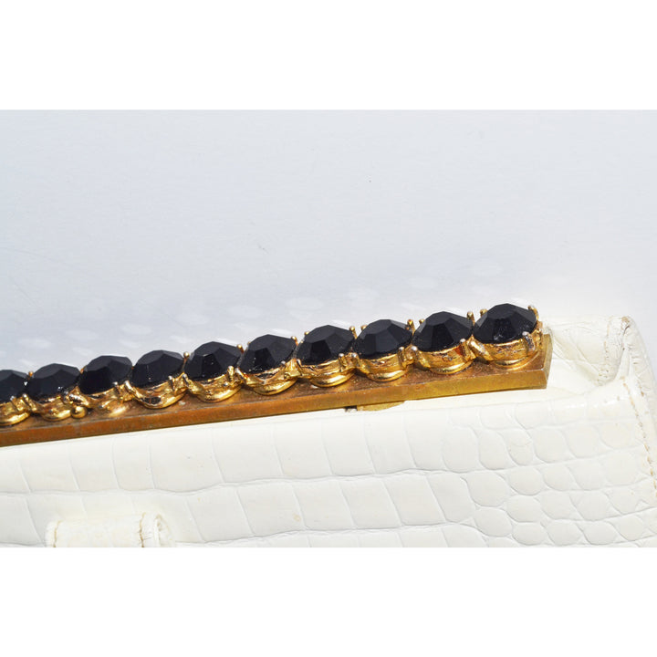 Vintage White Embossed Leather Jeweled Clutch