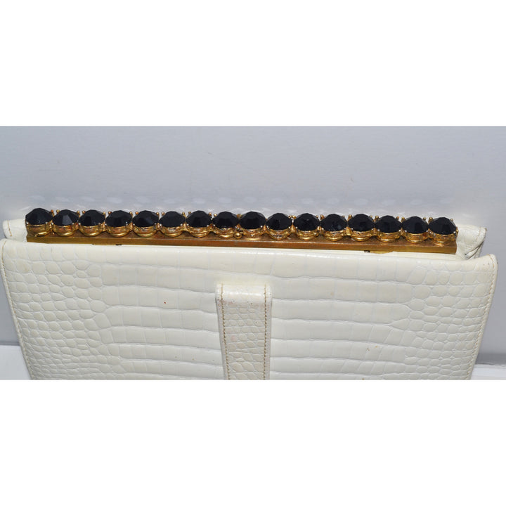 Vintage White Embossed Leather Jeweled Clutch
