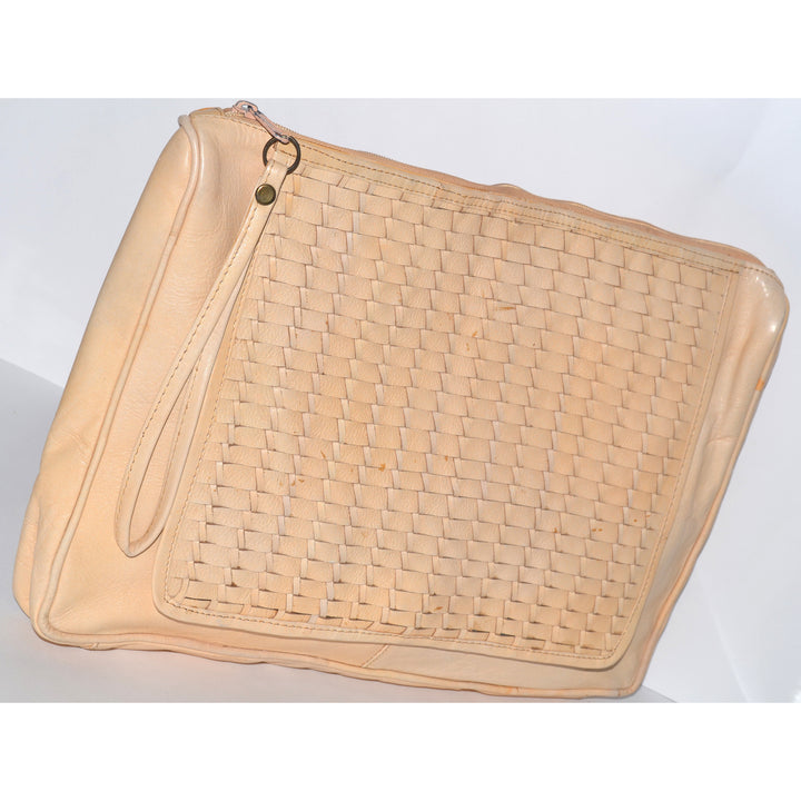 Vintage Cream Woven Leather Clutch Purse