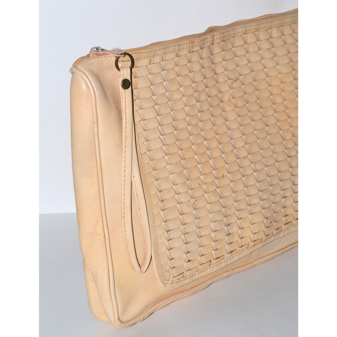 Vintage Cream Woven Leather Clutch Purse