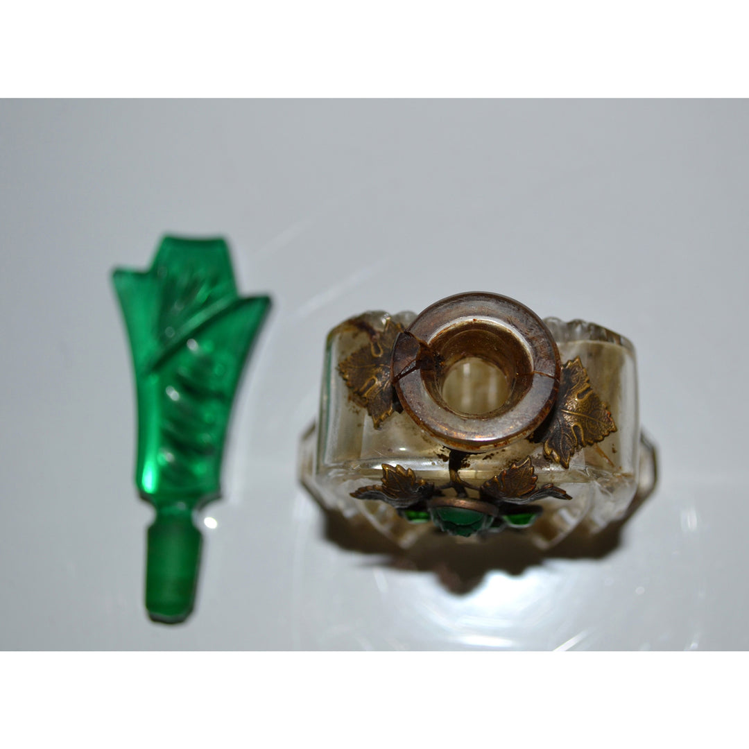 1930's Jeweled Green Ornate Cut Czech Perfume Bottle By Aristo
