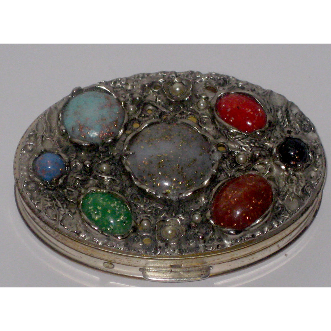 Vintage Silvertone Egg Stone Compact By Dorset