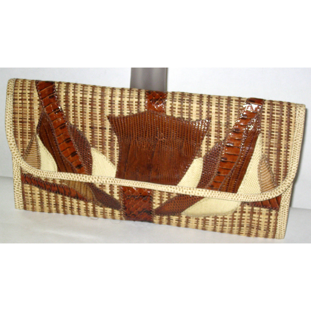 Vintage Patch Work Straw Reptile Clutch By Carlos Falchi