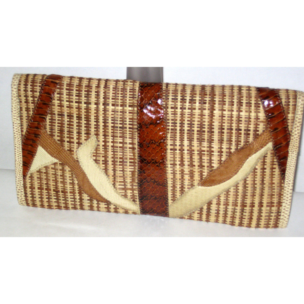 Vintage Patch Work Straw Reptile Clutch By Carlos Falchi