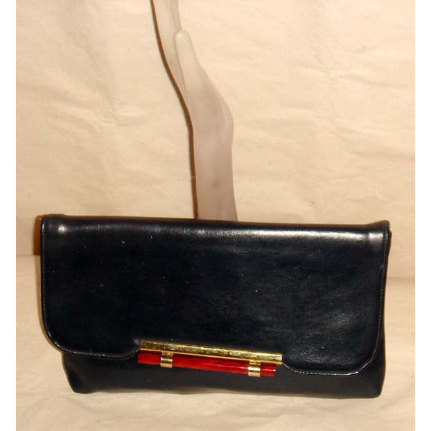 Vintage Navy Vinyl Tortoise Trim Clutch Purse