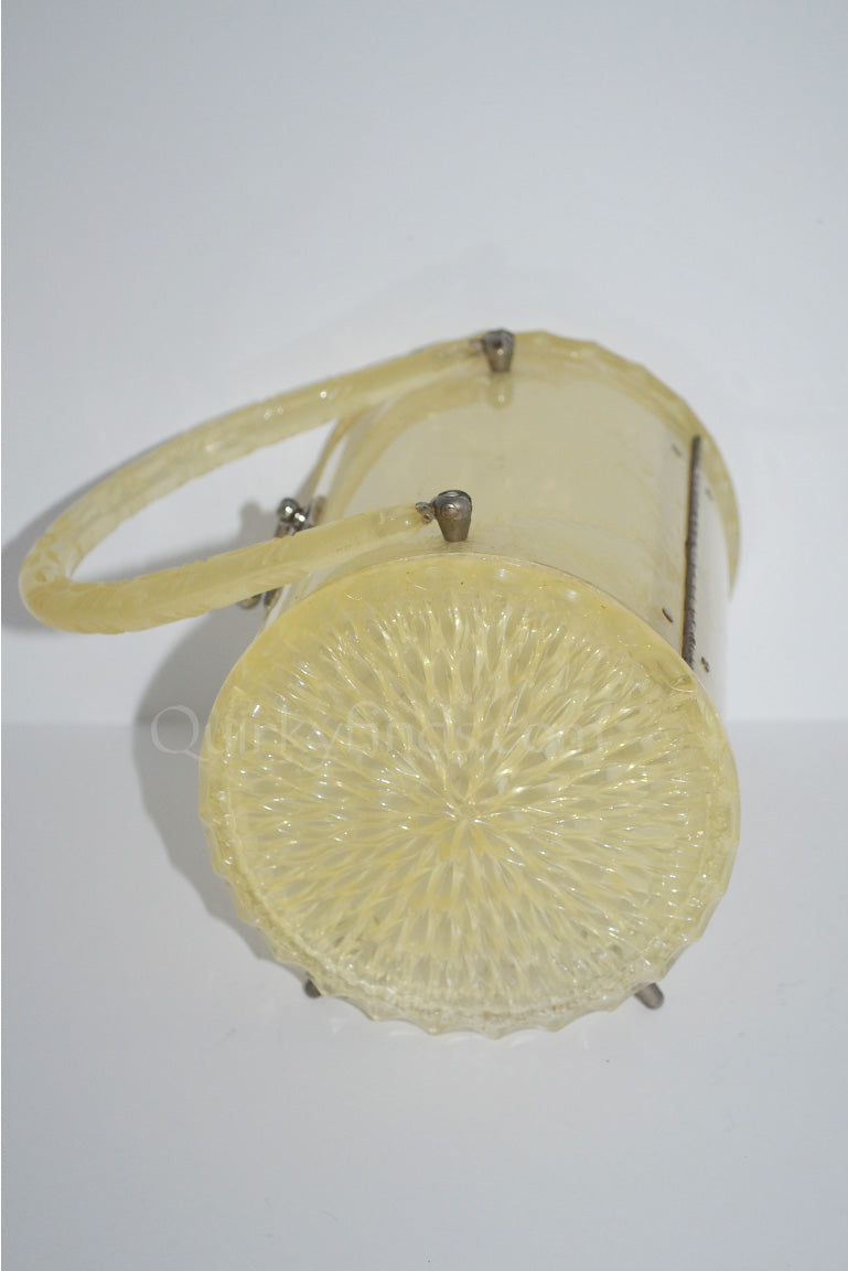 Vintage Carved Barrel Shaped Lucite Purse