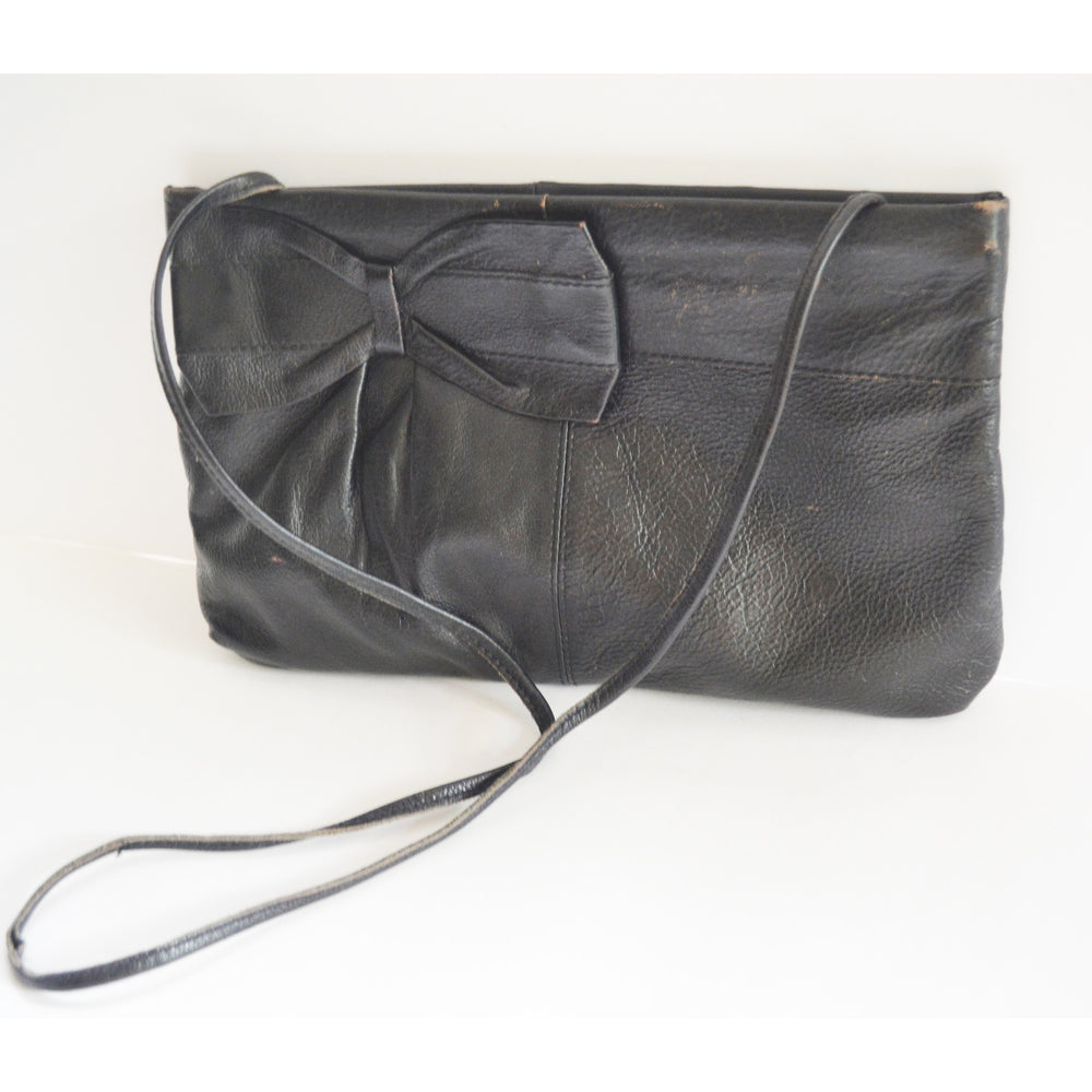 Vintage Black Leather Bow Clutch Purse