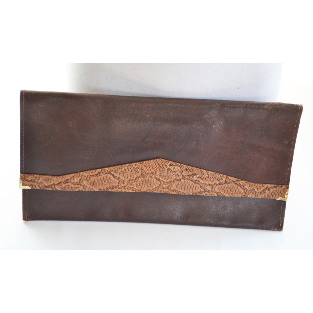 Vintage Oversized Brown Leather & Reptile Clutch Purse