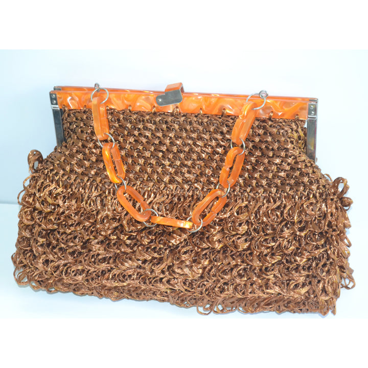 Vintage Brown Lucite Trimmed Synthetic Straw Purse