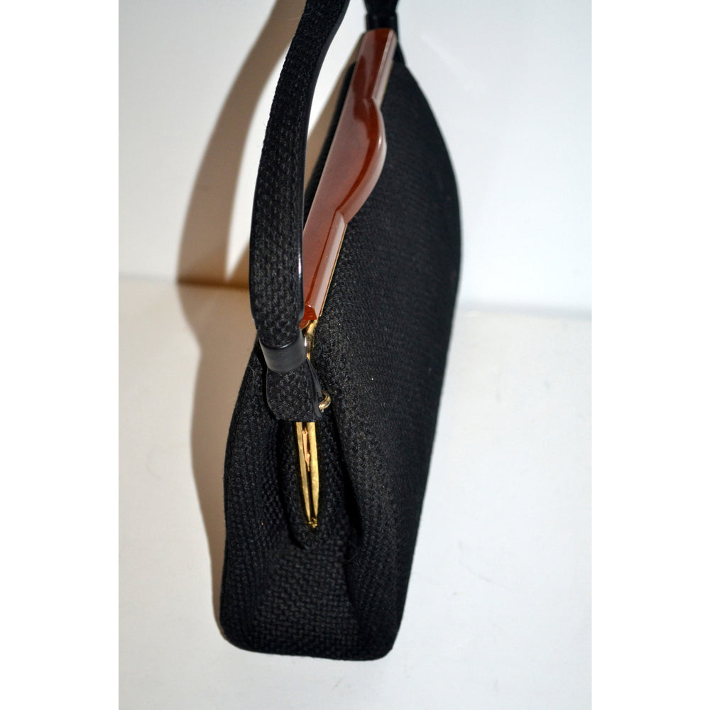 Vintage Bakelite Trimmed Black Burlap Purse