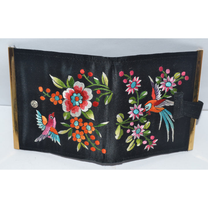 Vintage Black Embroidered Bird Motif Wallet