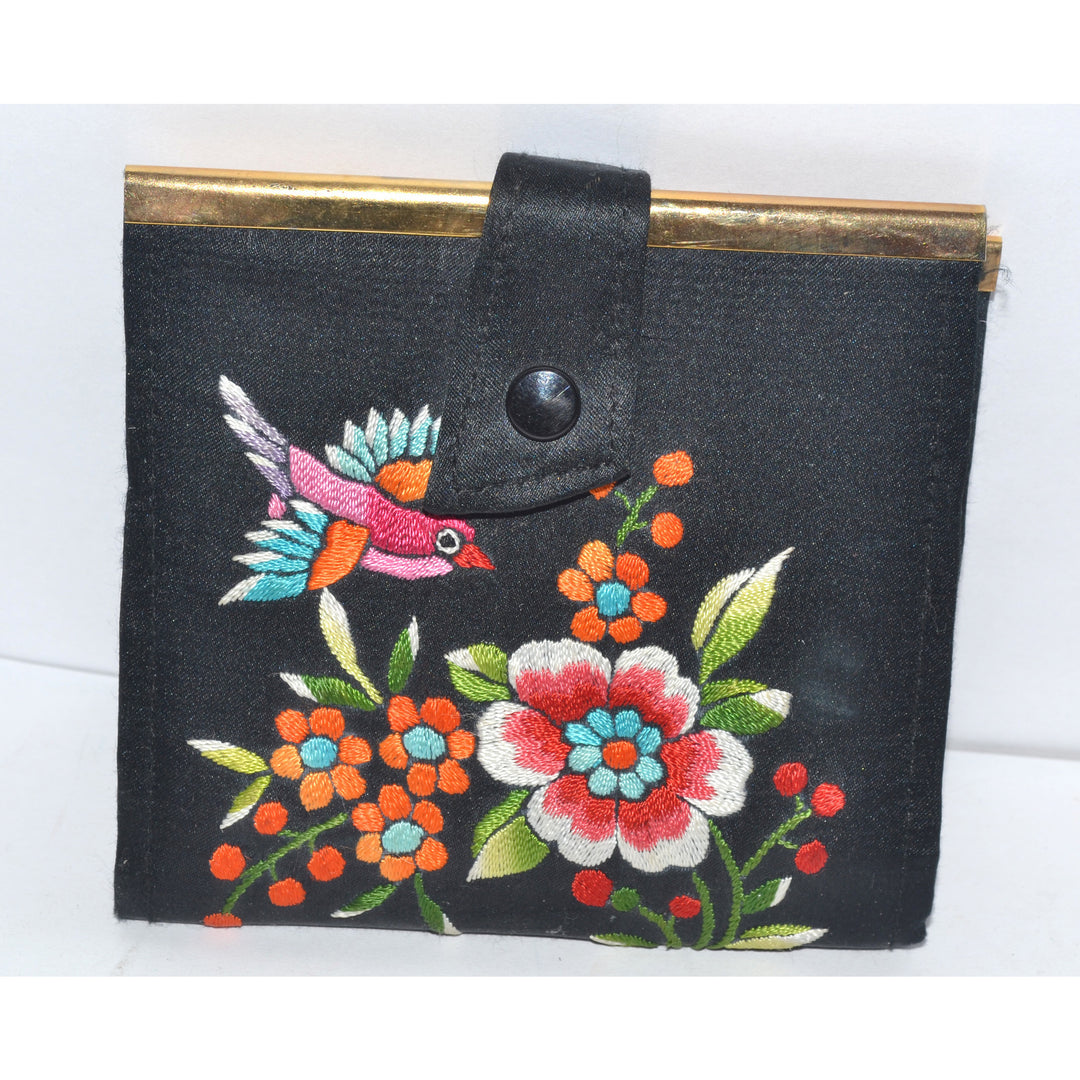 Vintage Black Embroidered Bird Motif Wallet