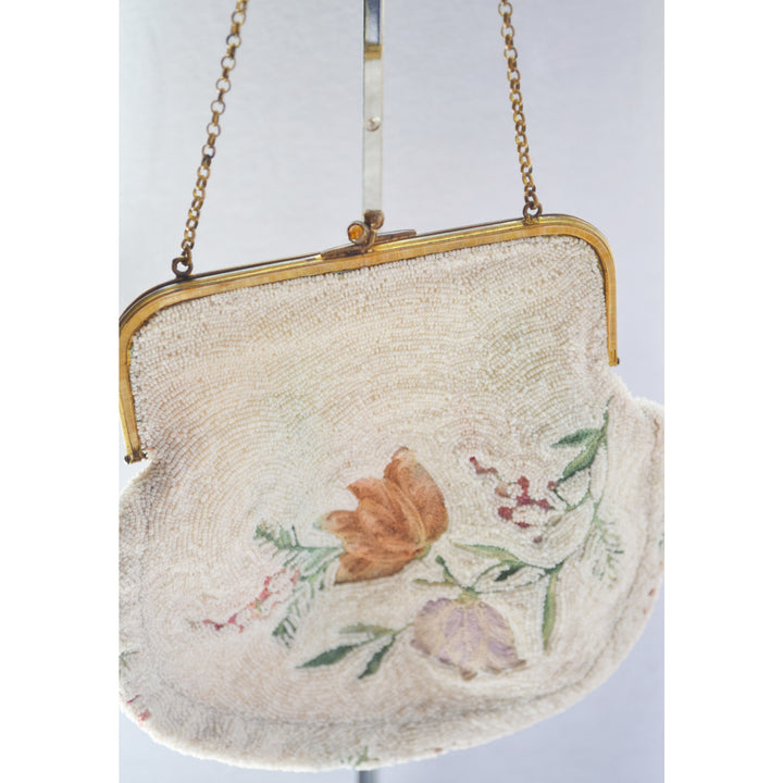 Vintage French White Beaded & Embroidered Purse