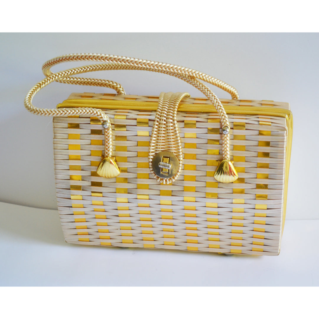 Vintage Metallic Woven Wicker Purse