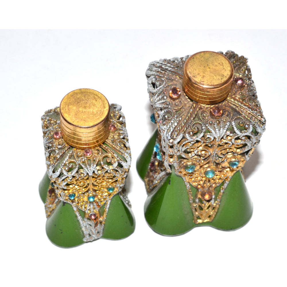 1930's Ornate Jeweled Green Painted Scent Bottles 