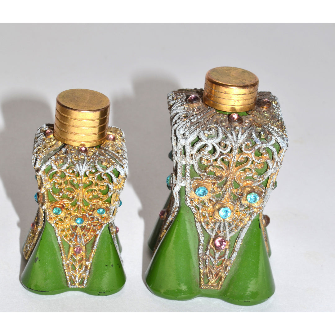 1930's Ornate Jeweled Green Painted Scent Bottles 