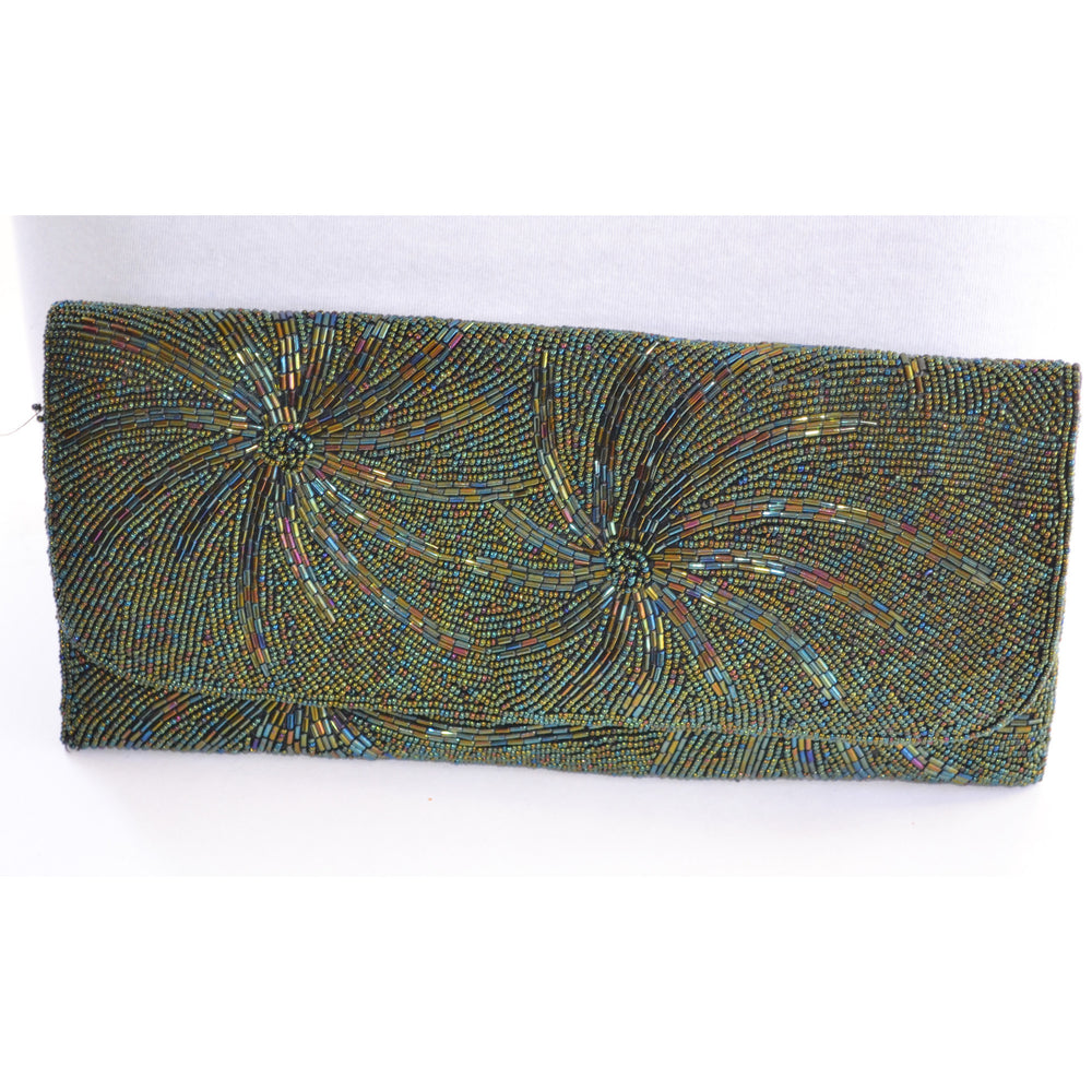 Vintage Green Beaded Starburst Clutch Purse