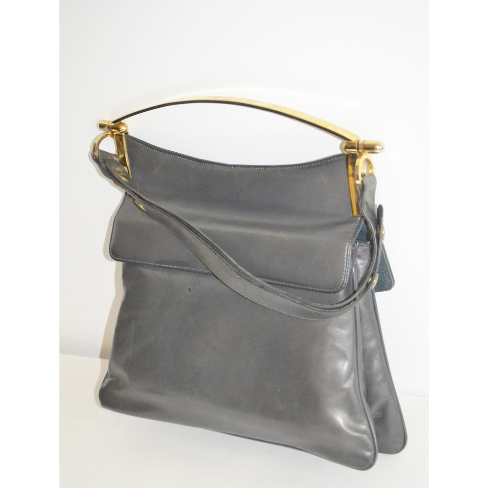 Vintage Grey Leather Pouch Structured Handbag