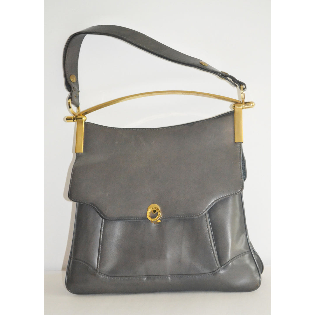 Vintage Grey Leather Pouch Structured Handbag