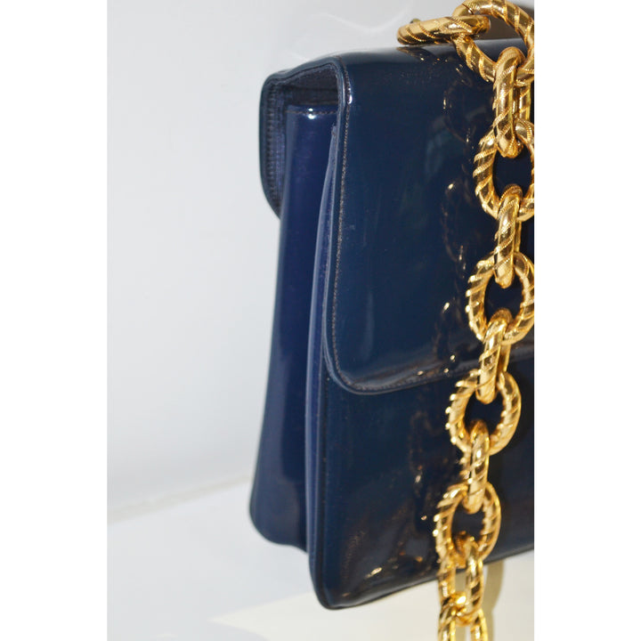 Vintage Navy Patent Gold Chain Purse By Joseph