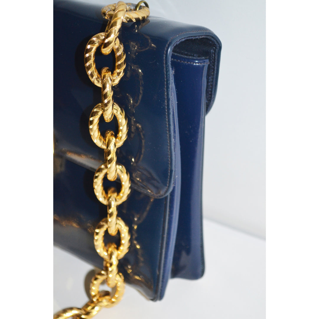 Vintage Navy Patent Gold Chain Purse By Joseph