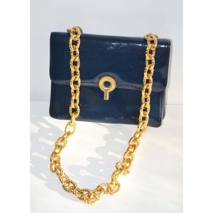 Vintage Navy Patent Gold Chain Purse By Joseph